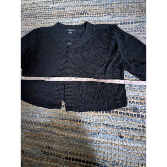 August Silk L Black 3/4 Sleeve Open Knit Bolero Sweater Shawl One Button Croppe - Picture 5 of 6